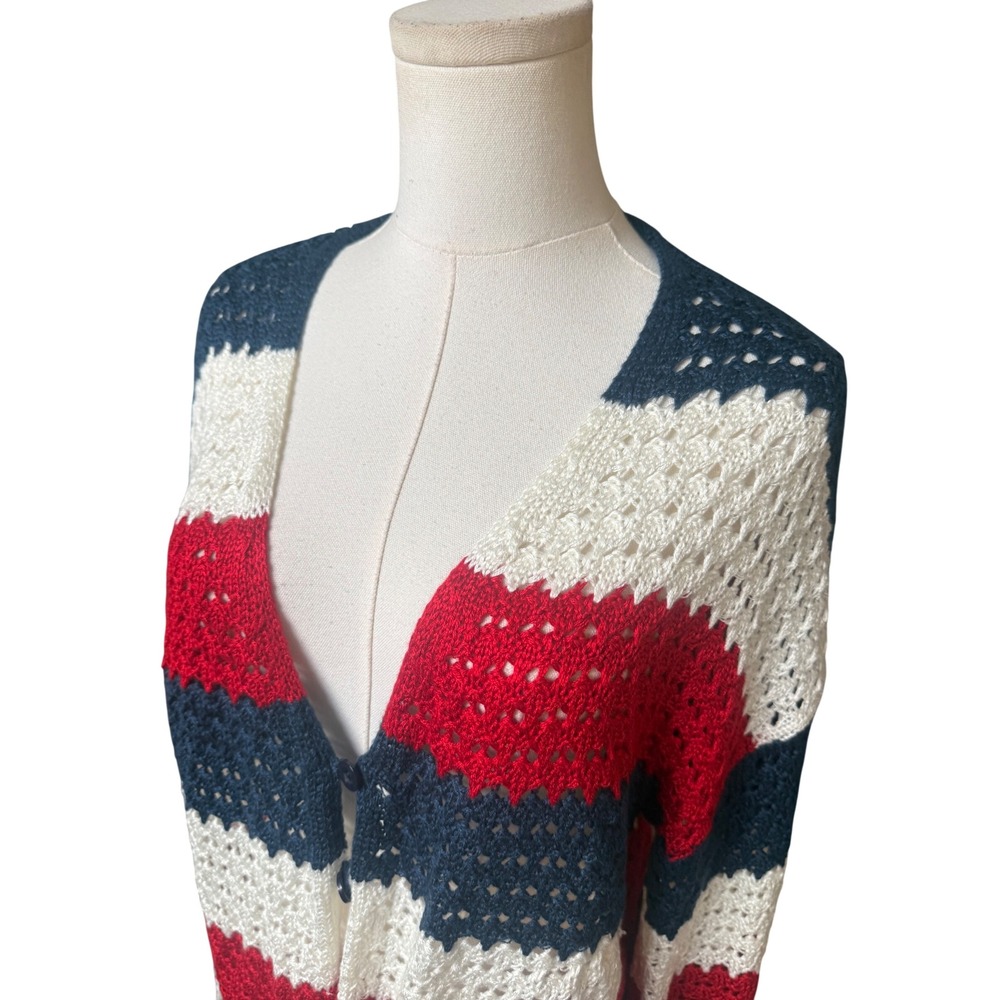 Crochet‎ Fourth of July Open Knit Cardigan Sweater XL Red White Blue Striped - Picture 5 of 11